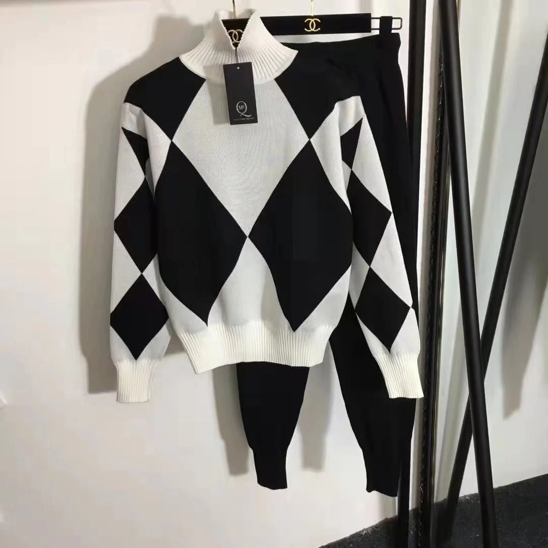 New two-piece women's sweater sportswear winter turtleneck jumper top knitted Harlan pants suit women - Image 5