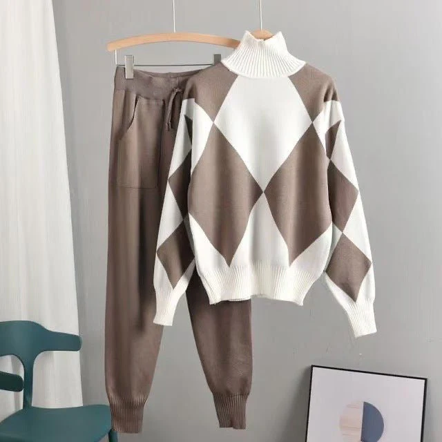 New two-piece women's sweater sportswear winter turtleneck jumper top knitted Harlan pants suit women - Image 6