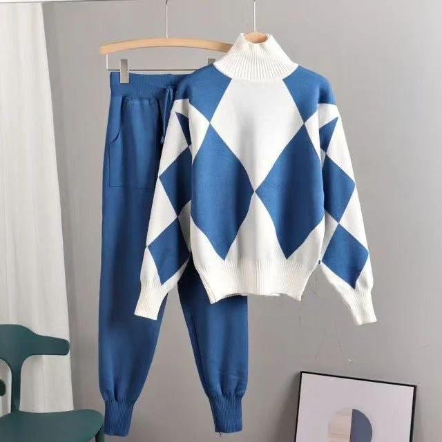 New two-piece women's sweater sportswear winter turtleneck jumper top knitted Harlan pants suit women - Image 7