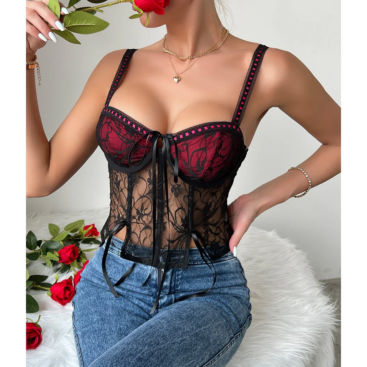 New y2k lace splicing lace-up steel ring fishbone camisole - Image 10