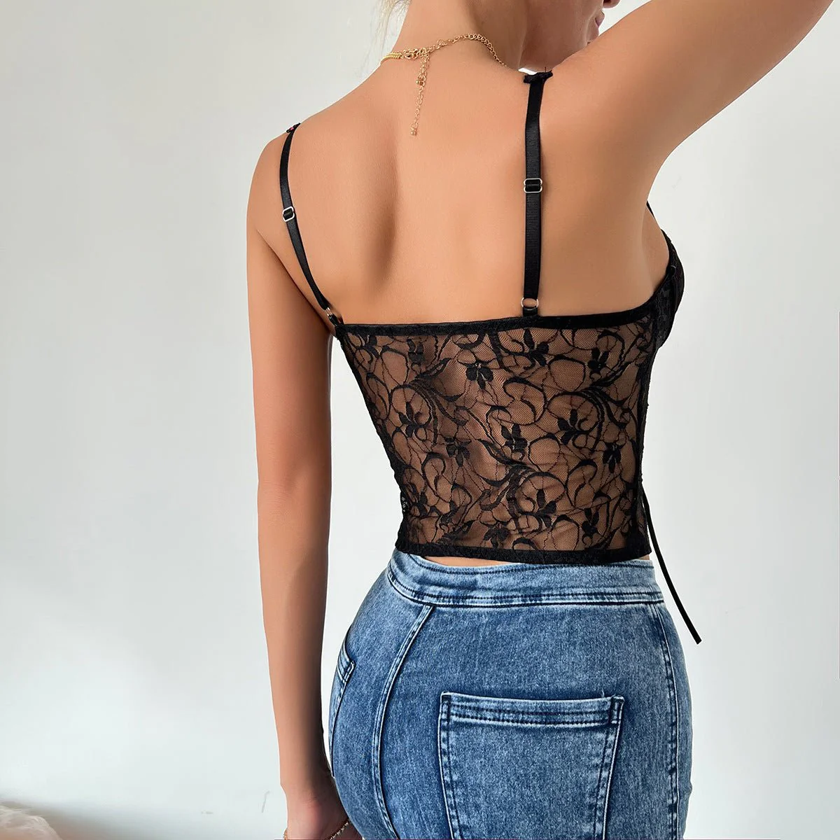 New y2k lace splicing lace-up steel ring fishbone camisole - Image 14
