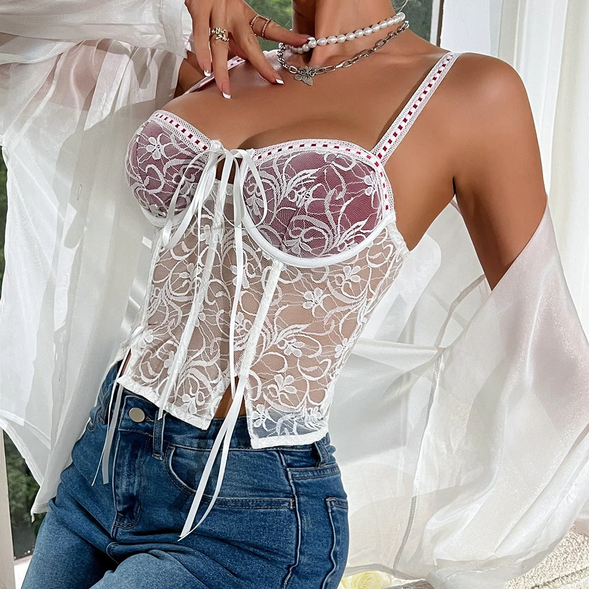 New y2k lace splicing lace-up steel ring fishbone camisole - Image 19