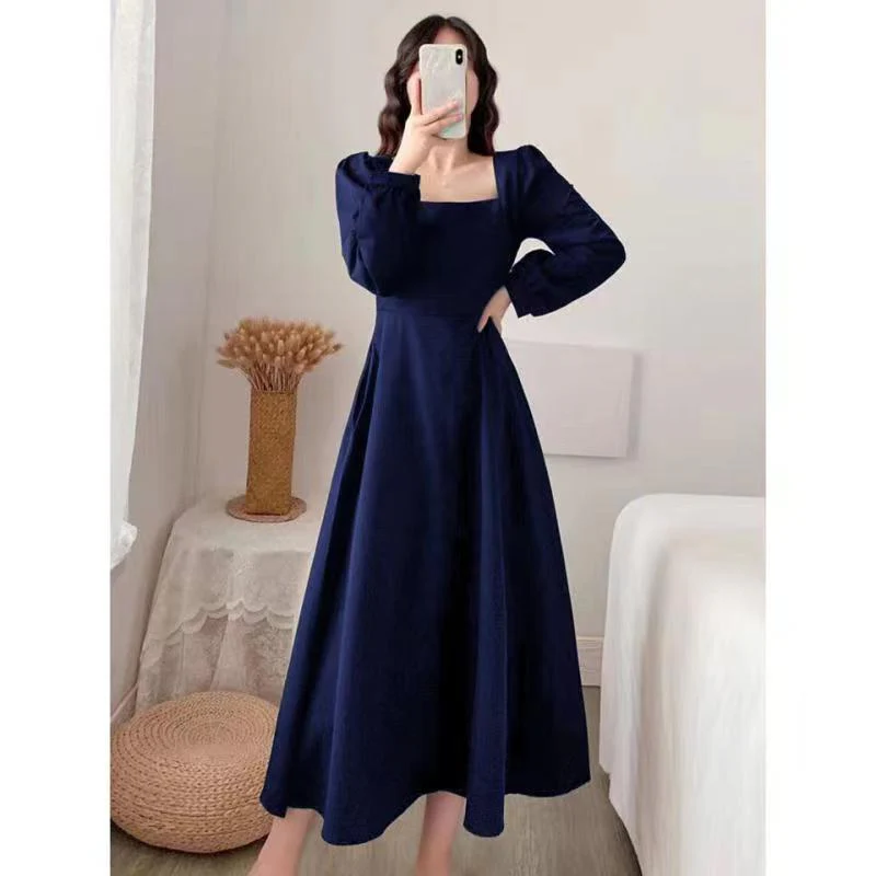 New Year long-sleeved dress temperament square collar knee-length Hepburn style little black dress FD - Image 10