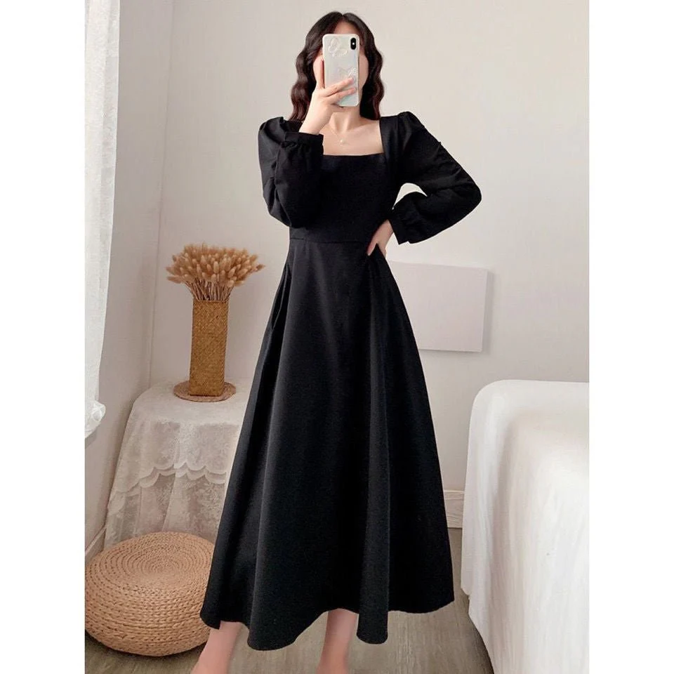 New Year long-sleeved dress temperament square collar knee-length Hepburn style little black dress FD - Image 2