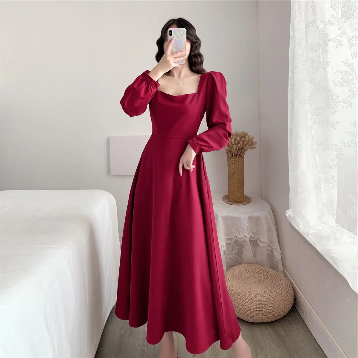 New Year long-sleeved dress temperament square collar knee-length Hepburn style little black dress FD - Image 6