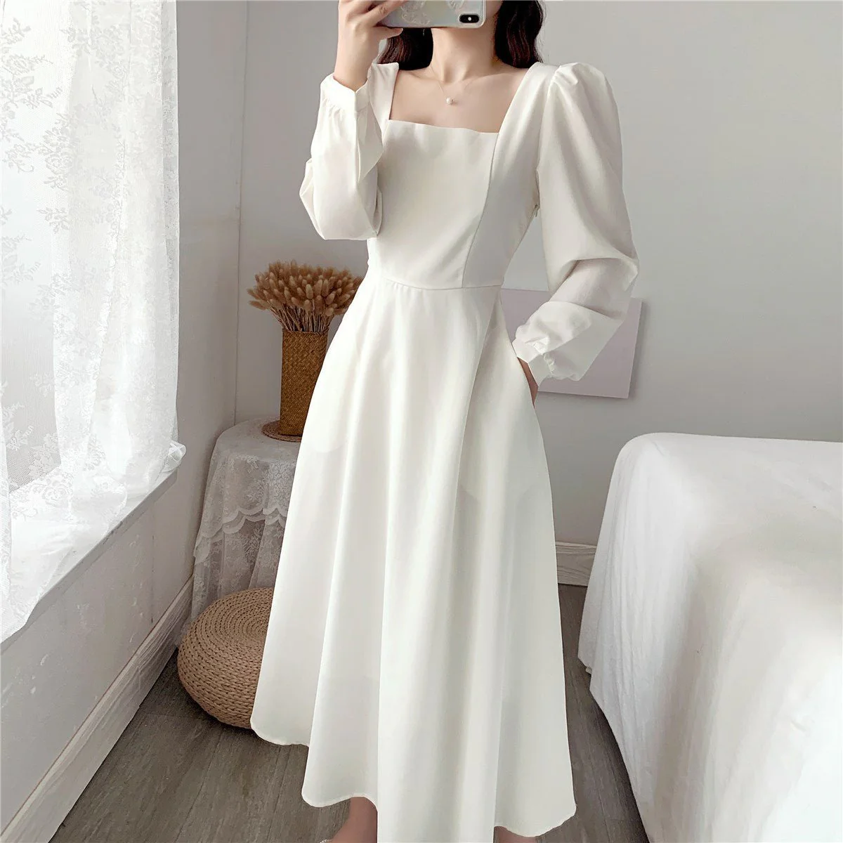 New Year long-sleeved dress temperament square collar knee-length Hepburn style little black dress FD - Image 7