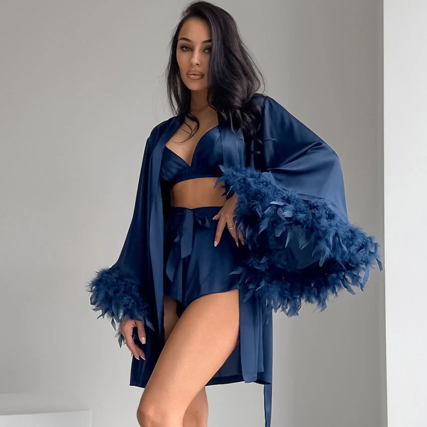 Nightgown three-piece set imitation with silk satin feather loungewear set FD