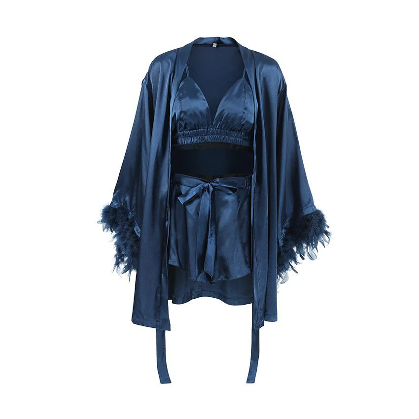 Nightgown three-piece set imitation with silk satin feather loungewear set FD - Image 10
