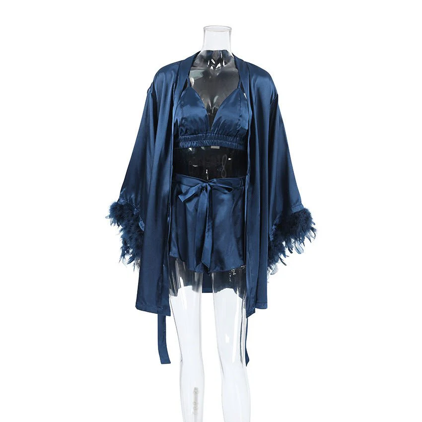 Nightgown three-piece set imitation with silk satin feather loungewear set FD - Image 18