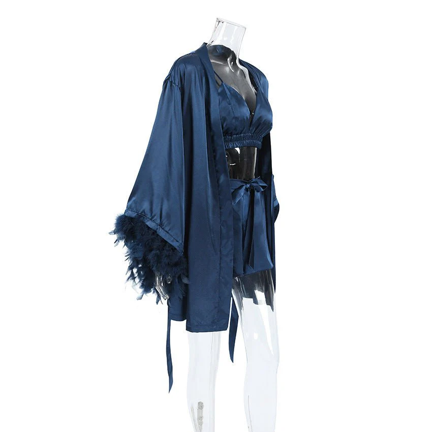 Nightgown three-piece set imitation with silk satin feather loungewear set FD - Image 19