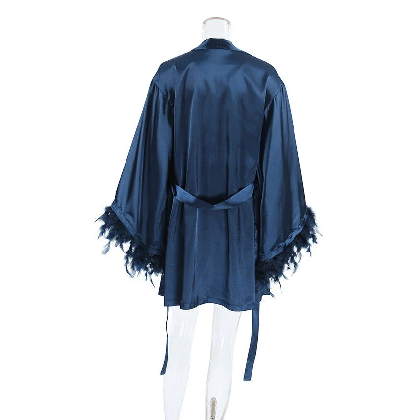 Nightgown three-piece set imitation with silk satin feather loungewear set FD - Image 20