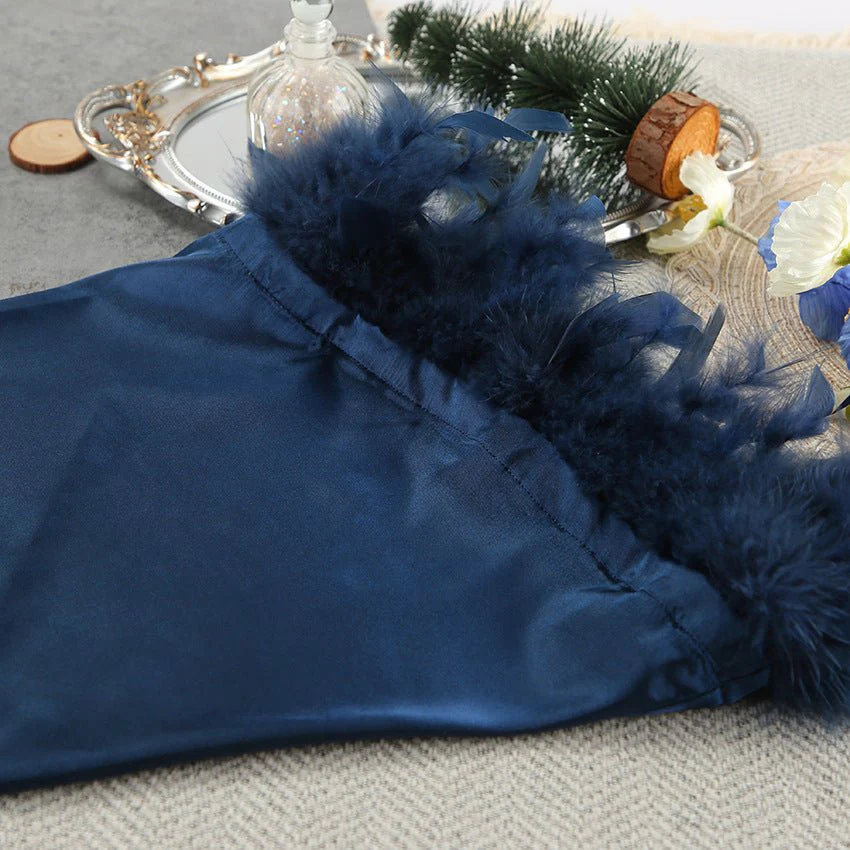 Nightgown three-piece set imitation with silk satin feather loungewear set FD - Image 28