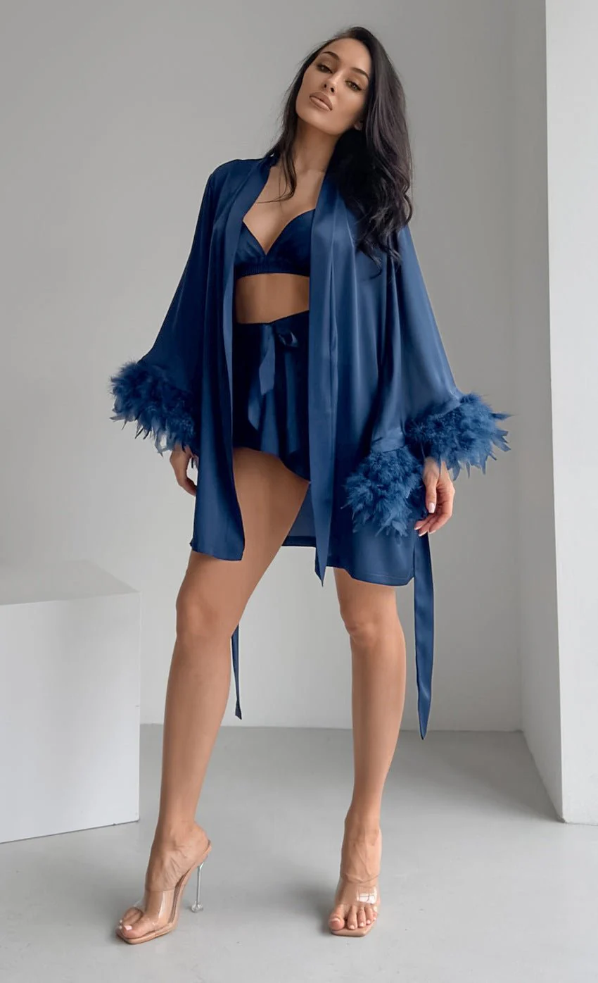 Nightgown three-piece set imitation with silk satin feather loungewear set FD - Image 35