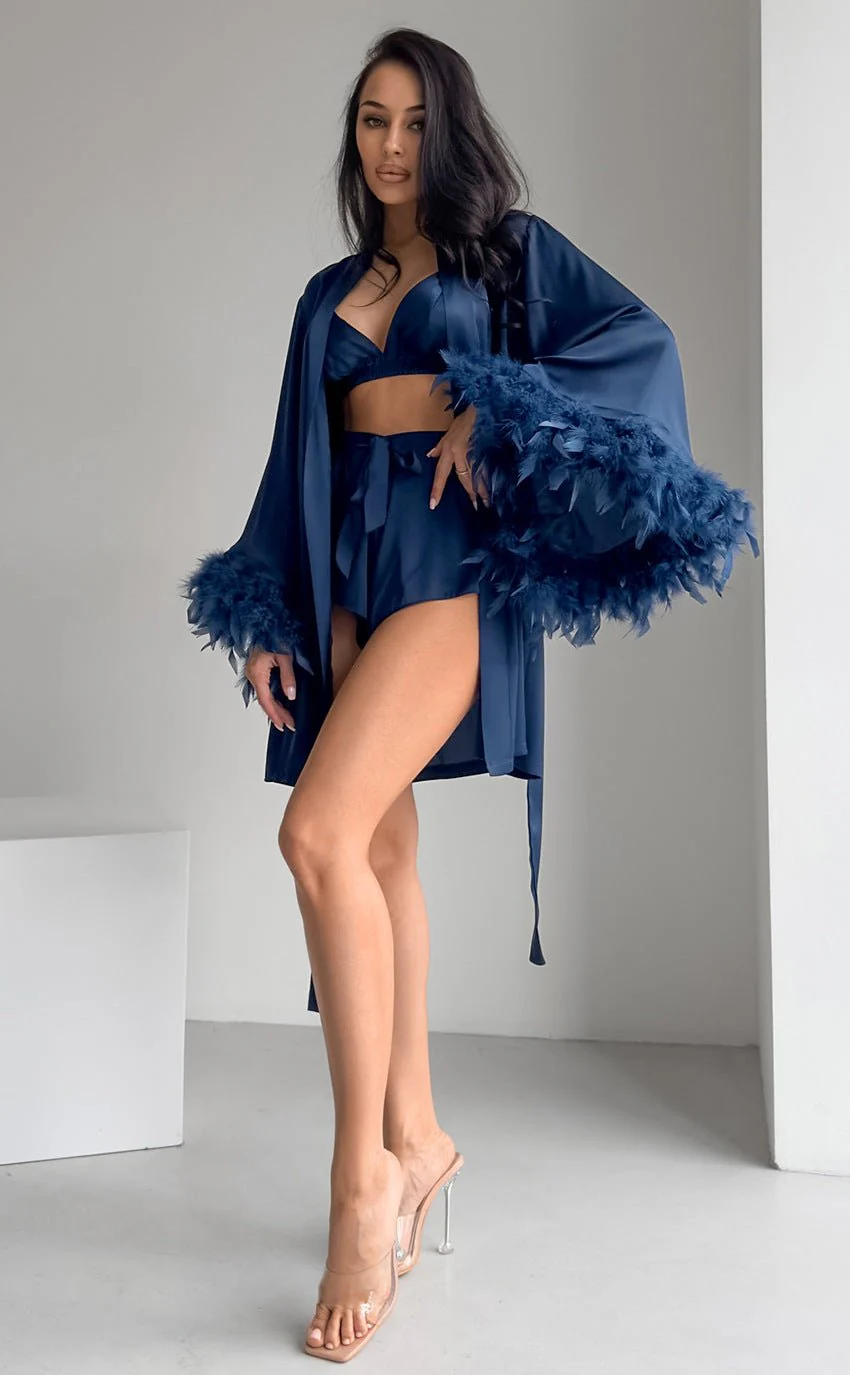 Nightgown three-piece set imitation with silk satin feather loungewear set FD - Image 37