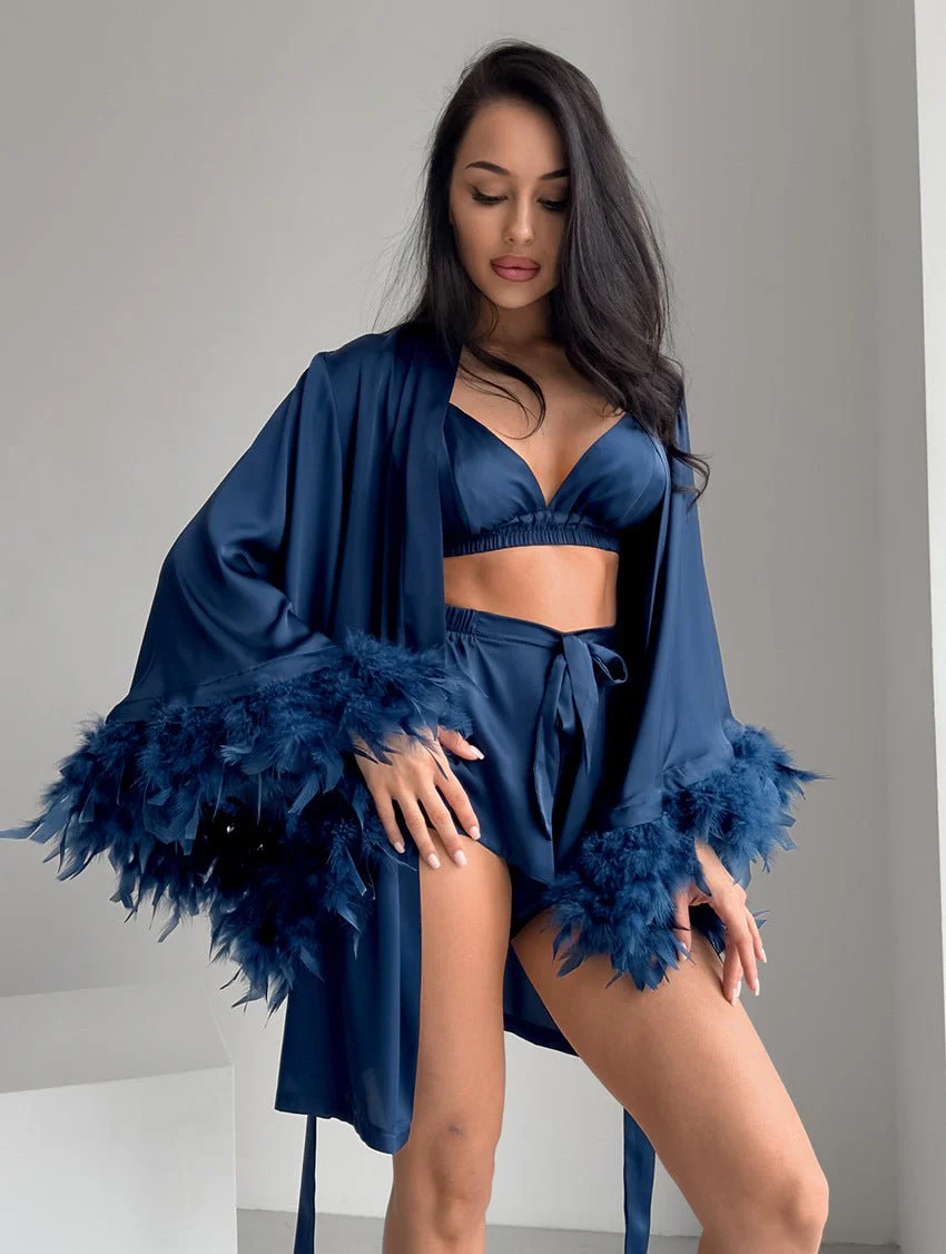 Nightgown three-piece set imitation with silk satin feather loungewear set FD - Image 38
