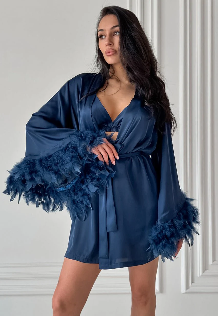 Nightgown three-piece set imitation with silk satin feather loungewear set FD - Image 39