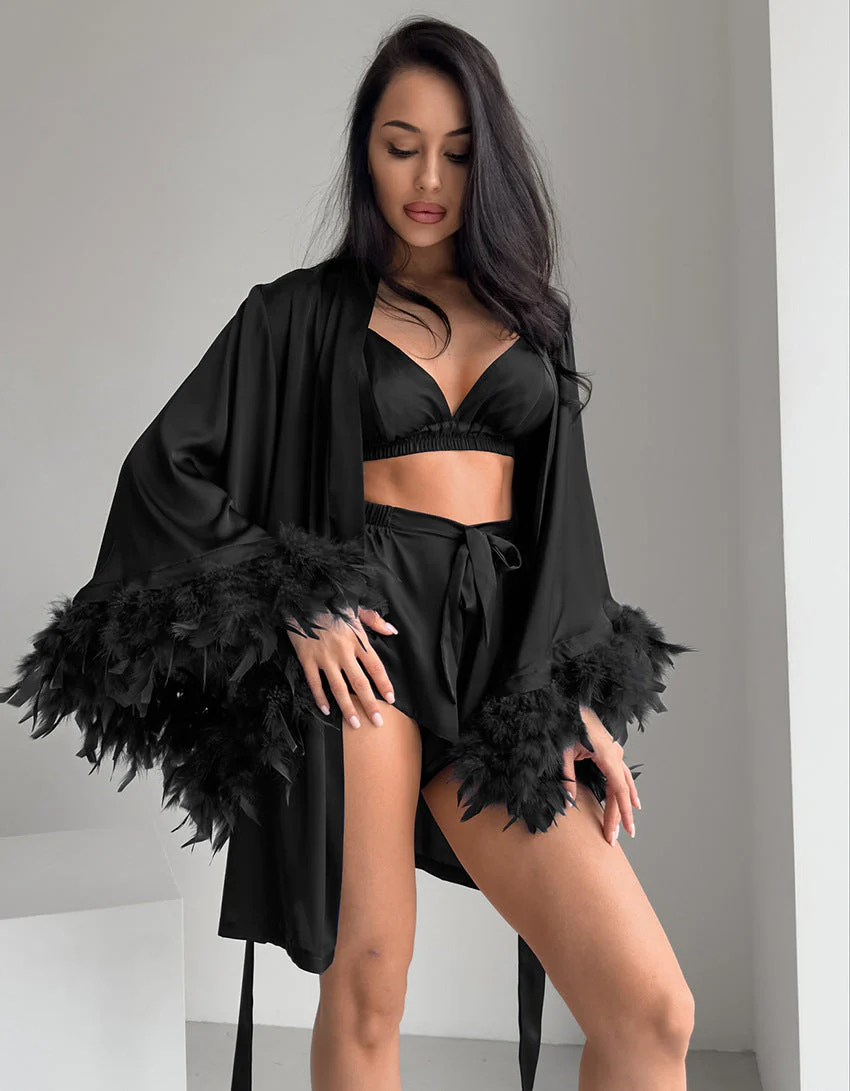 Nightgown three-piece set imitation with silk satin feather loungewear set FD - Image 42