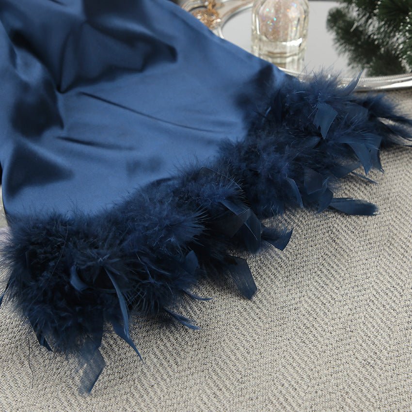 Nightgown three-piece set imitation with silk satin feather loungewear set FD - Image 6