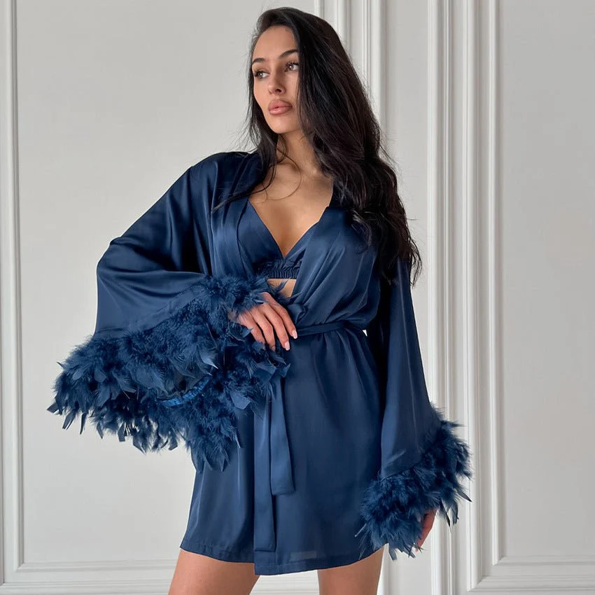 Nightgown three-piece set imitation with silk satin feather loungewear set FD - Image 7