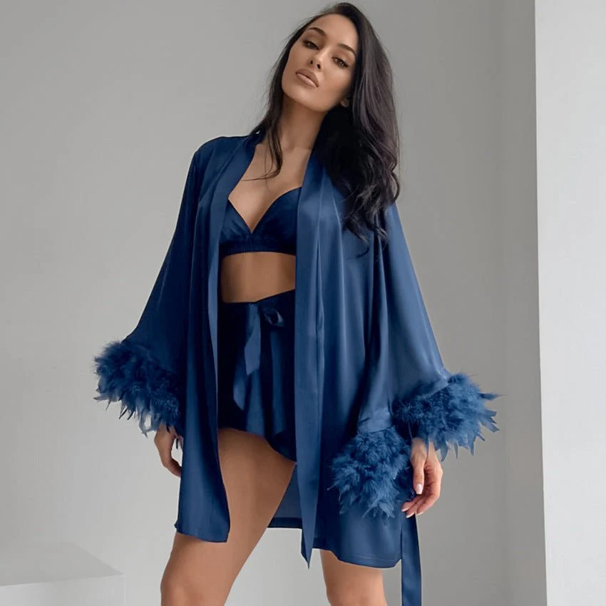 Nightgown three-piece set imitation with silk satin feather loungewear set FD - Image 8
