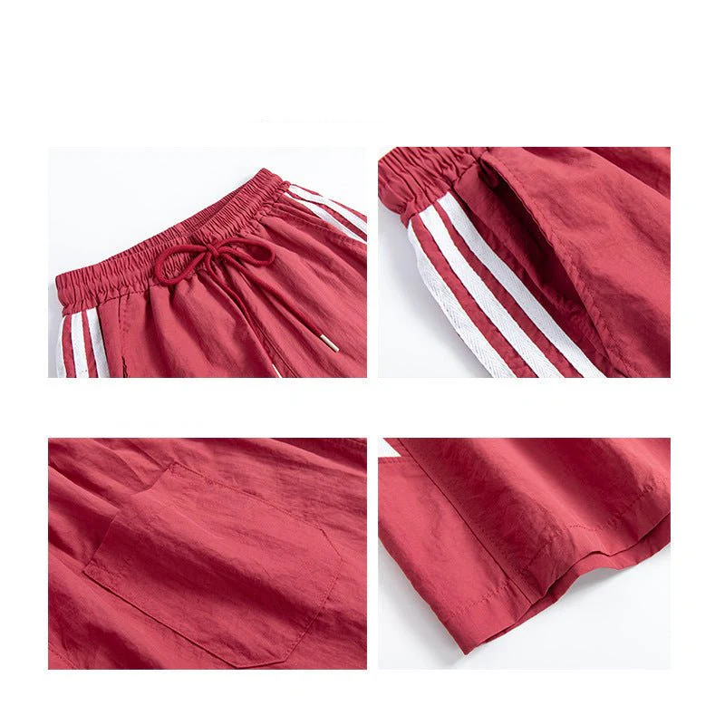 Nylon quick-drying sports shorts women's summer thin high-waisted casual wide-leg medium pants, thin outer striped five-point pants