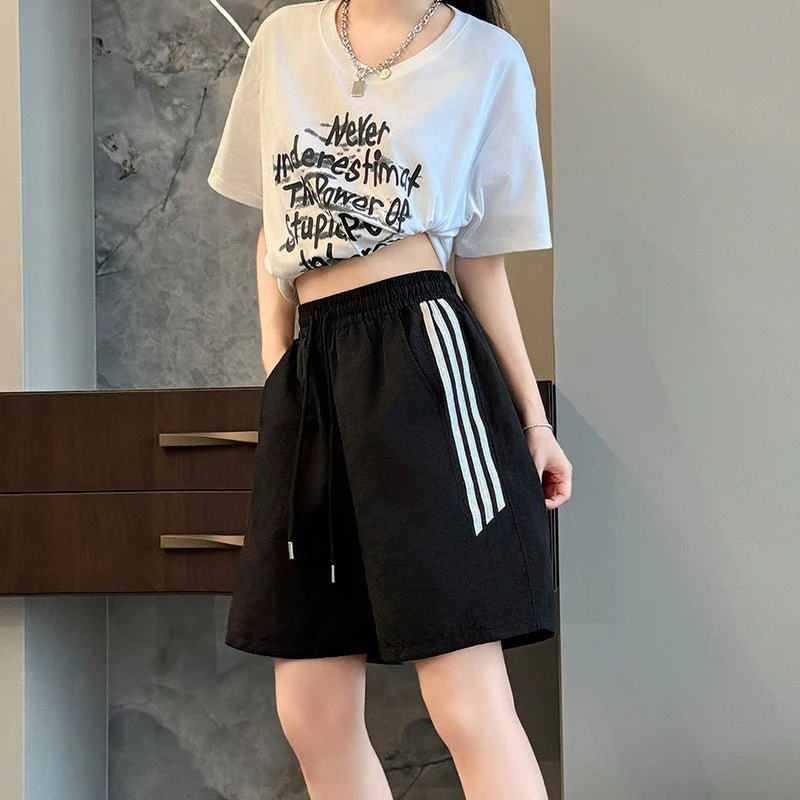 Nylon quick-drying sports shorts women's summer thin high-waisted casual wide-leg medium pants, thin outer striped five-point pants - Image 4