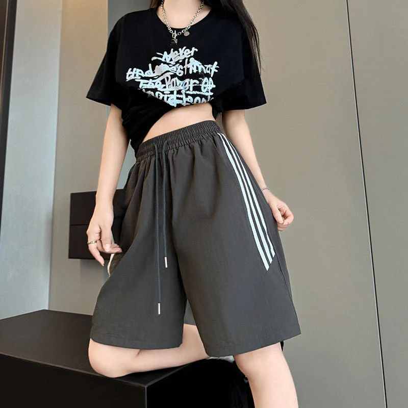 Nylon quick-drying sports shorts women's summer thin high-waisted casual wide-leg medium pants, thin outer striped five-point pants - Image 5