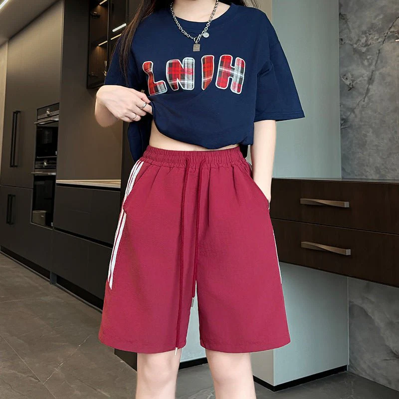 Nylon quick-drying sports shorts women's summer thin high-waisted casual wide-leg medium pants, thin outer striped five-point pants - Image 6