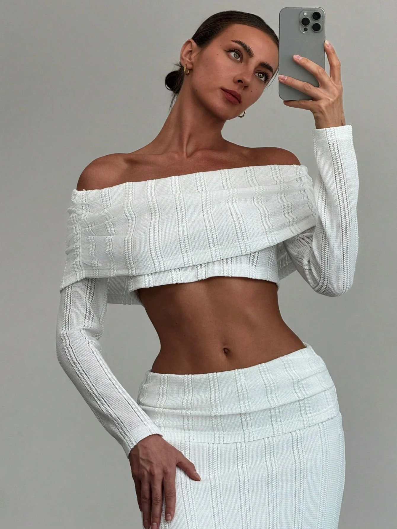 Off-Shoulder Cropped Sleeve Textured Blouse + High-Waist Textured Skirt Set For Date, - Image 3