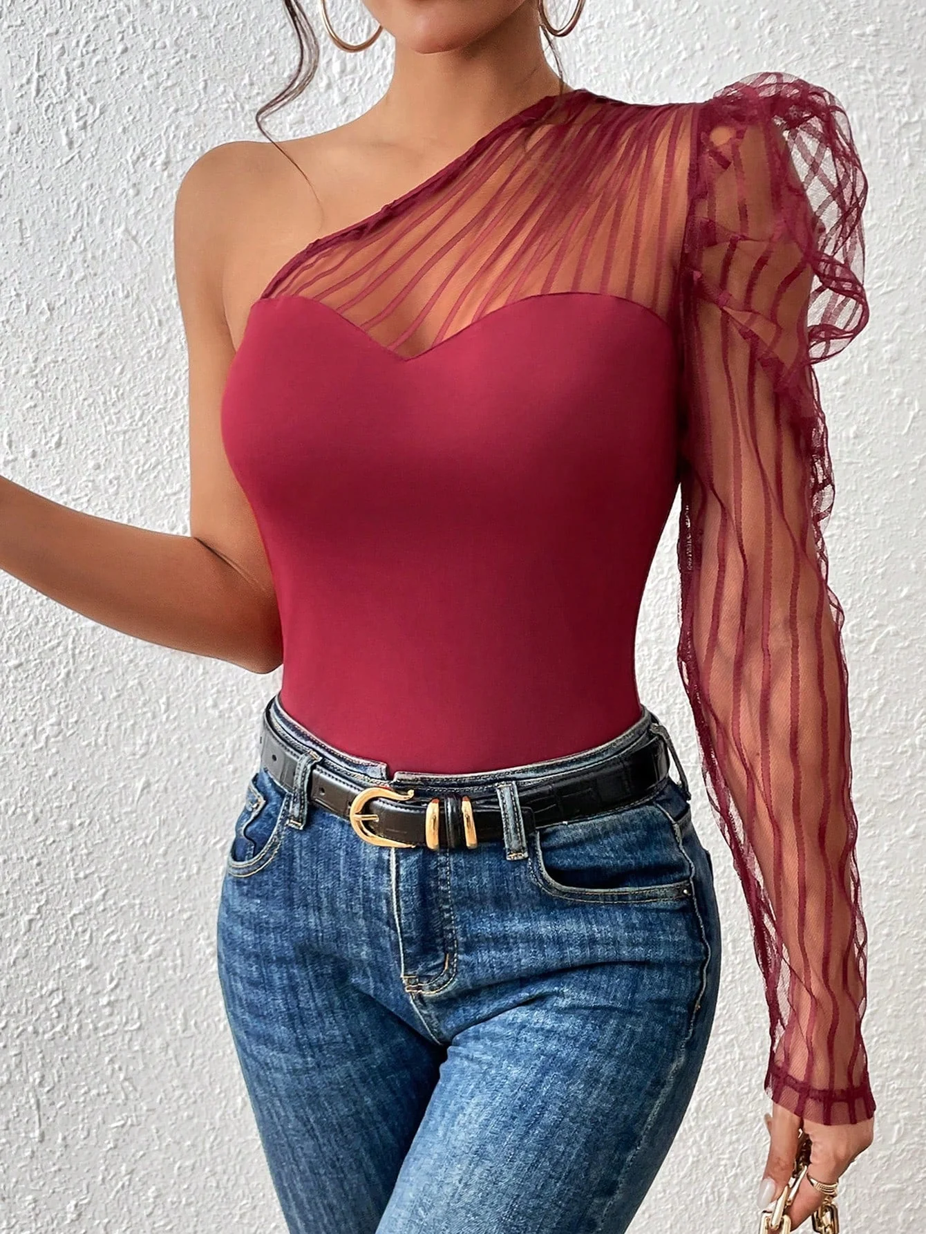 One Shoulder Contrast Mesh Top - Image 10