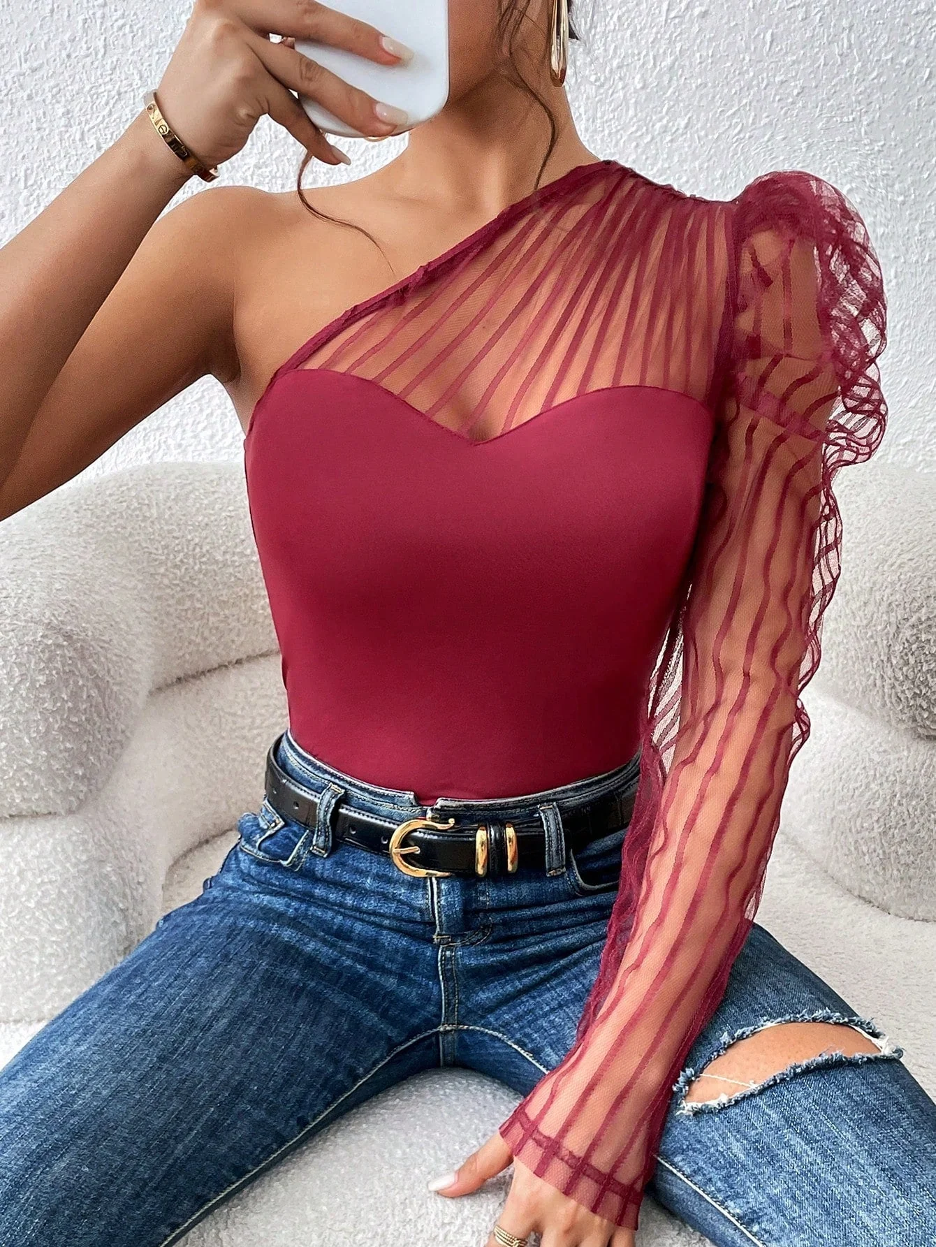 One Shoulder Contrast Mesh Top - Image 12