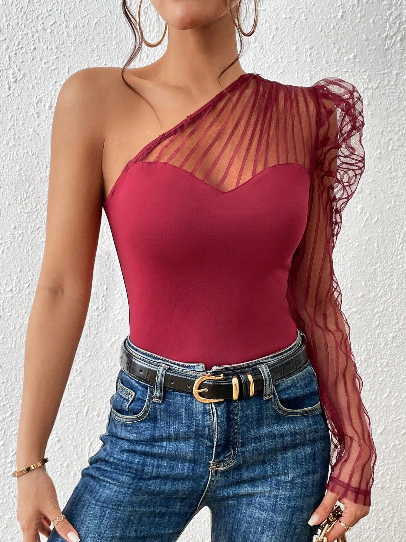 One Shoulder Contrast Mesh Top - Image 13