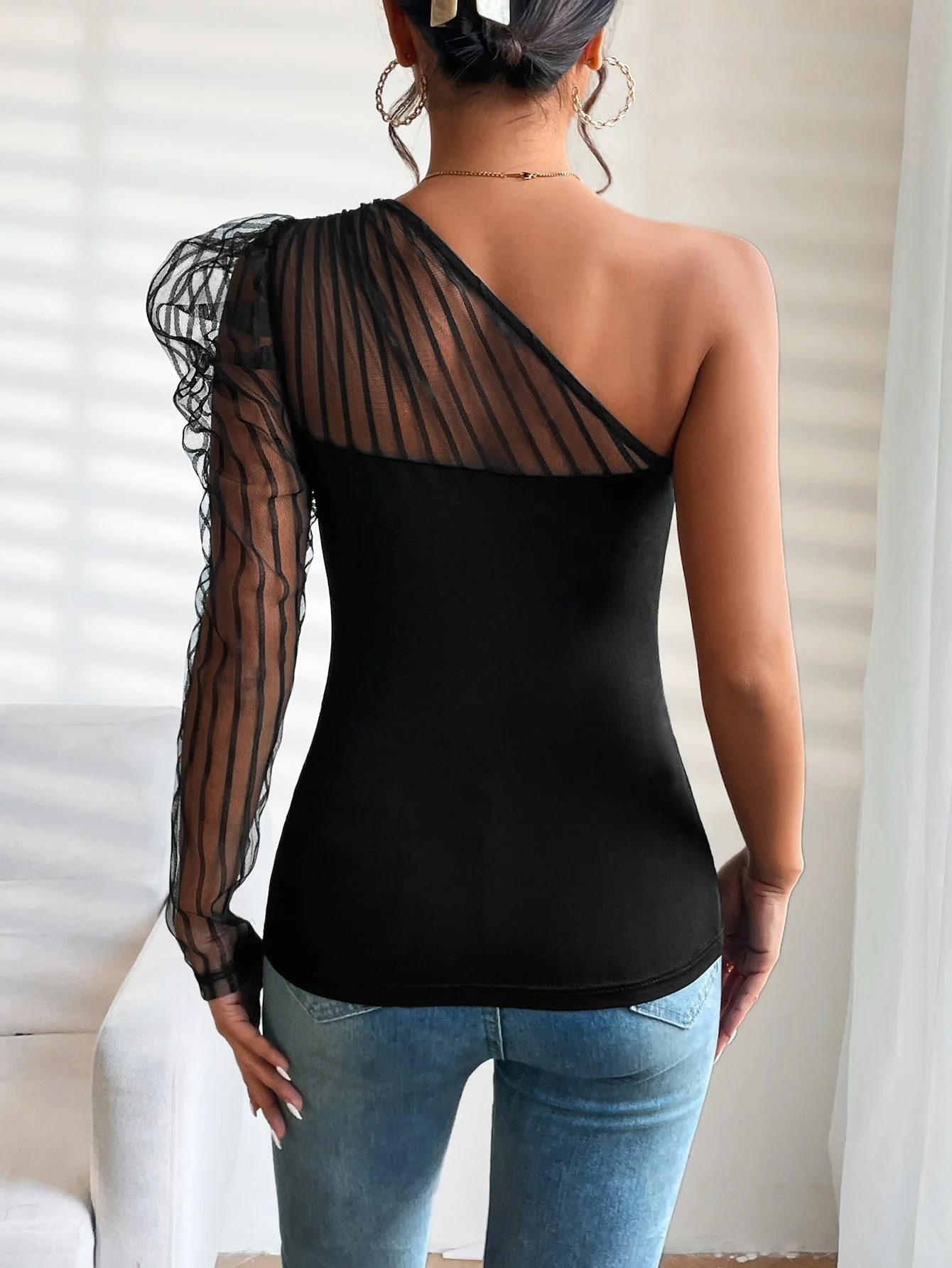 One Shoulder Contrast Mesh Top - Image 14