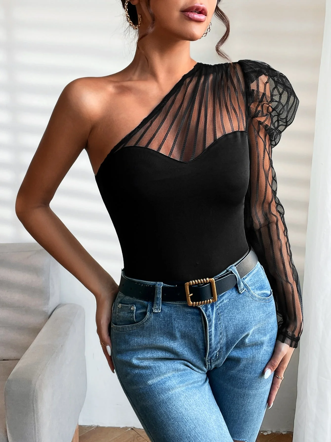 One Shoulder Contrast Mesh Top - Image 16