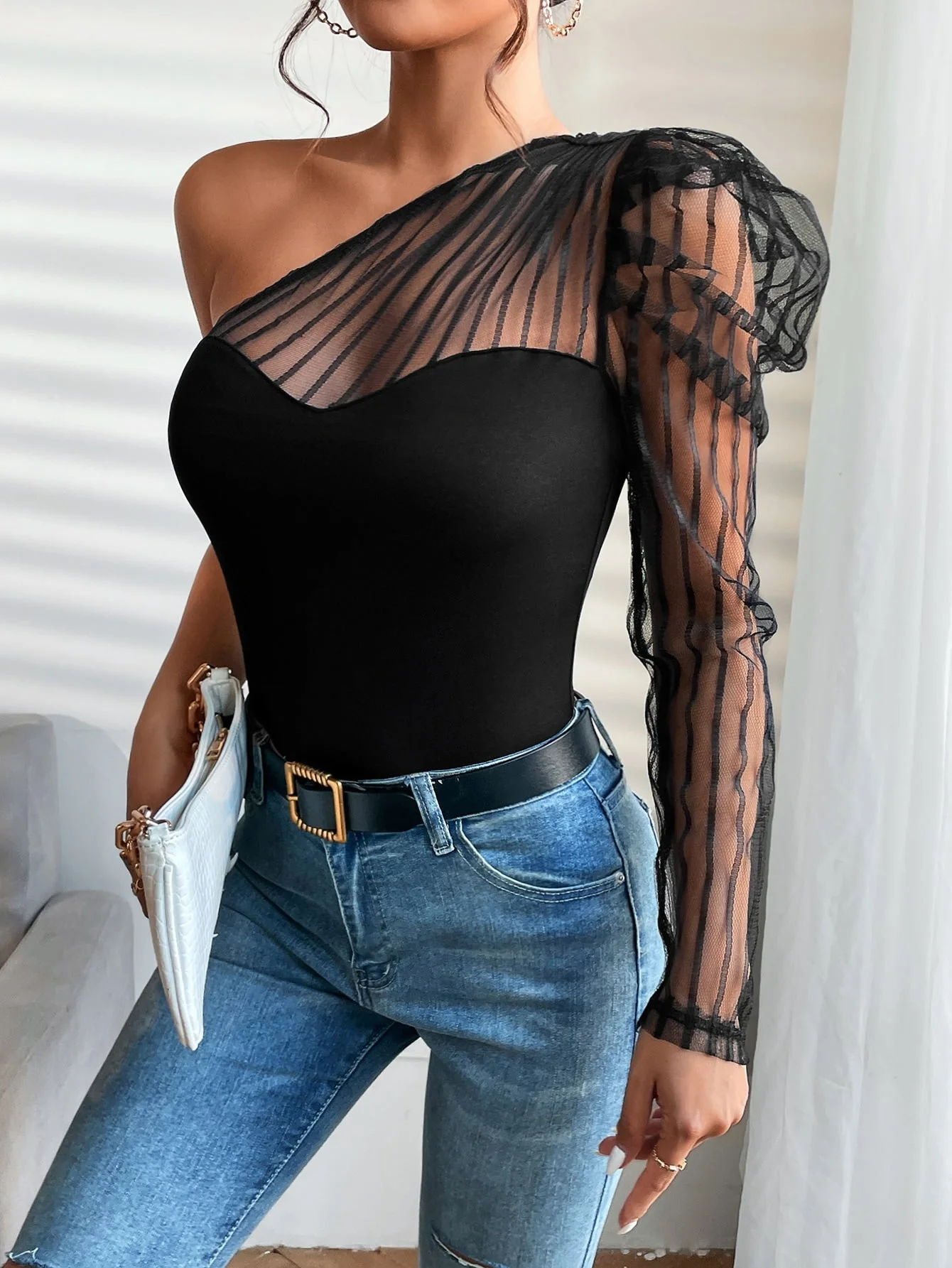 One Shoulder Contrast Mesh Top - Image 17
