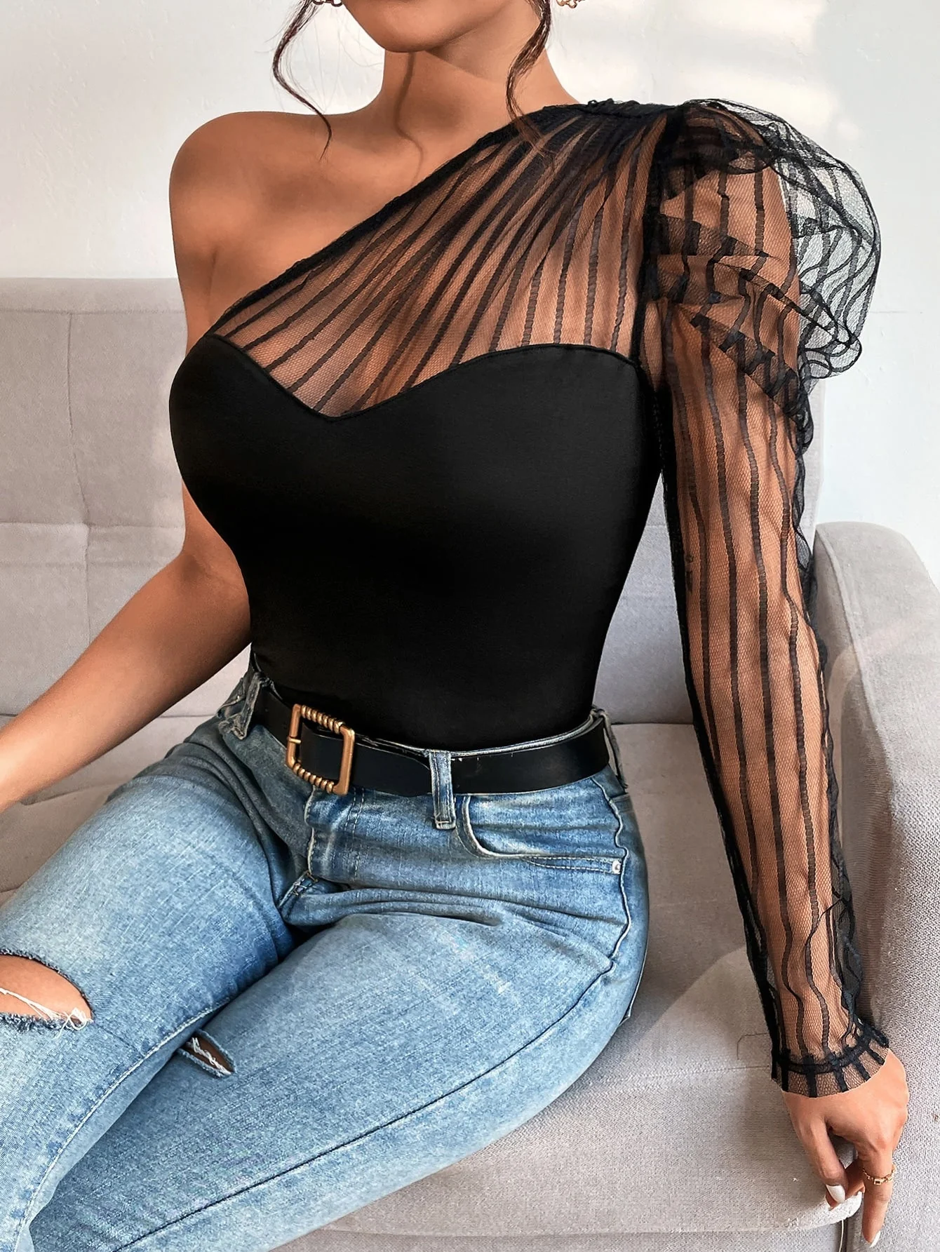 One Shoulder Contrast Mesh Top - Image 3