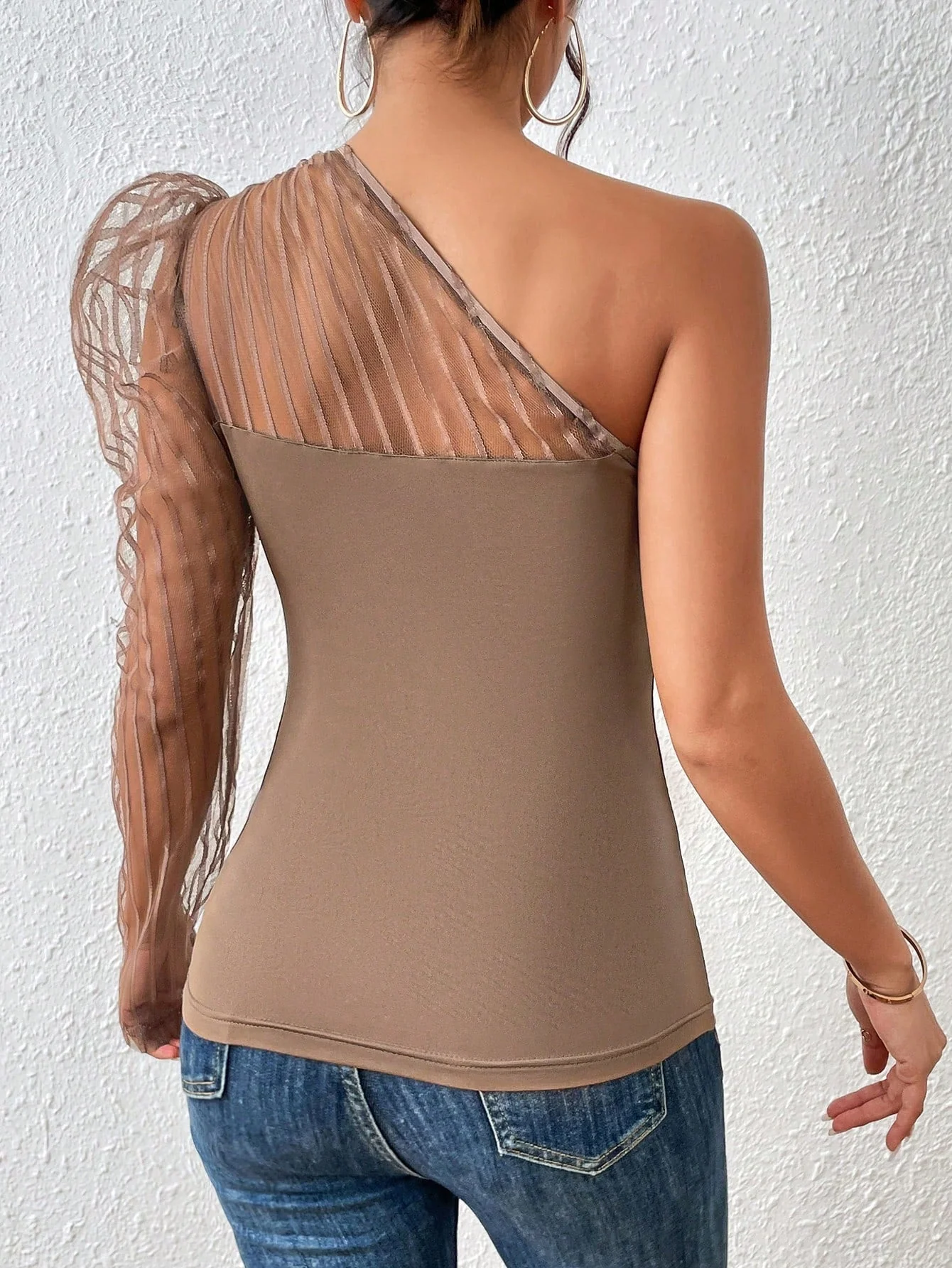 One Shoulder Contrast Mesh Top - Image 4