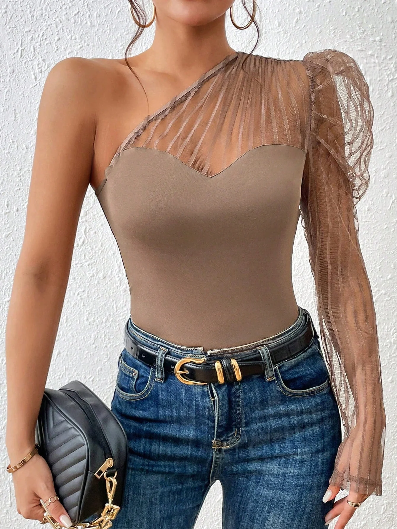 One Shoulder Contrast Mesh Top - Image 6