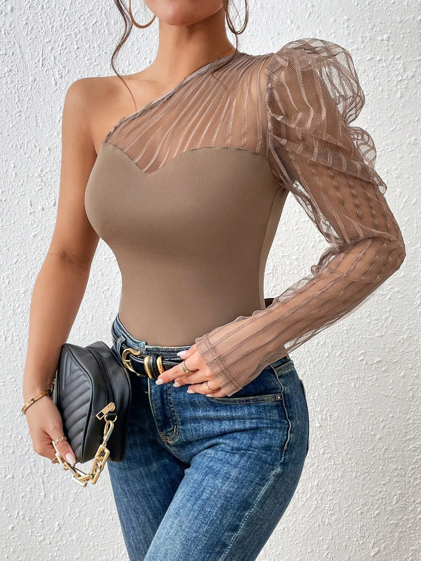 One Shoulder Contrast Mesh Top - Image 8