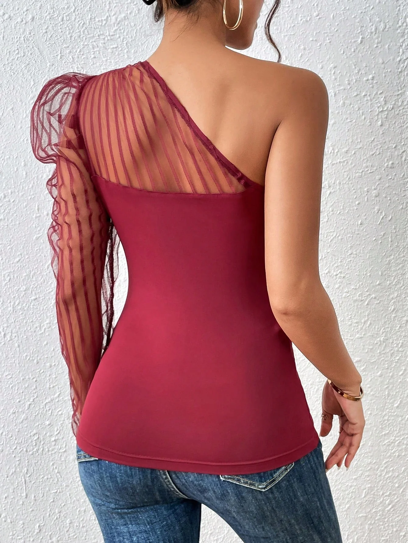 One Shoulder Contrast Mesh Top - Image 9