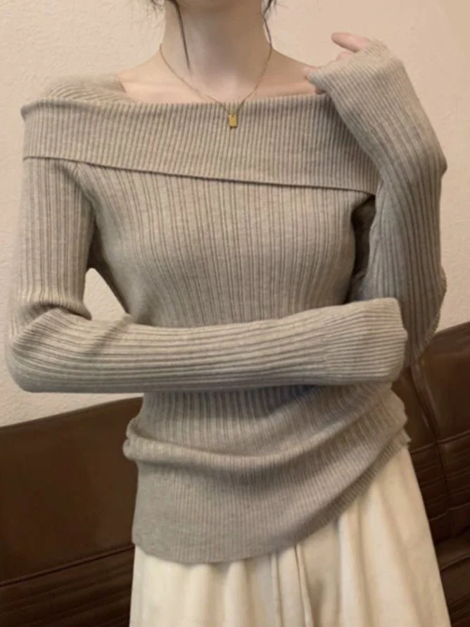 One-shoulder knitted sweater irregular French style shoulder long sleeve top