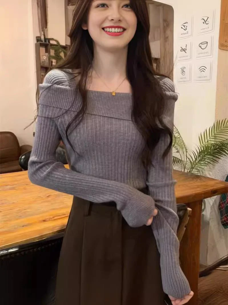 One-shoulder knitted sweater irregular French style shoulder long sleeve top - Image 10