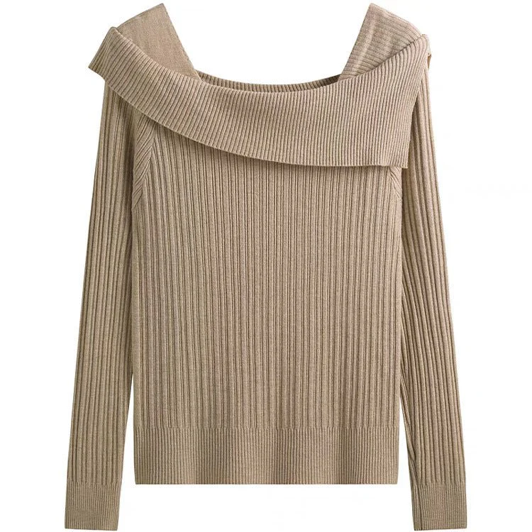 One-shoulder knitted sweater irregular French style shoulder long sleeve top - Image 11