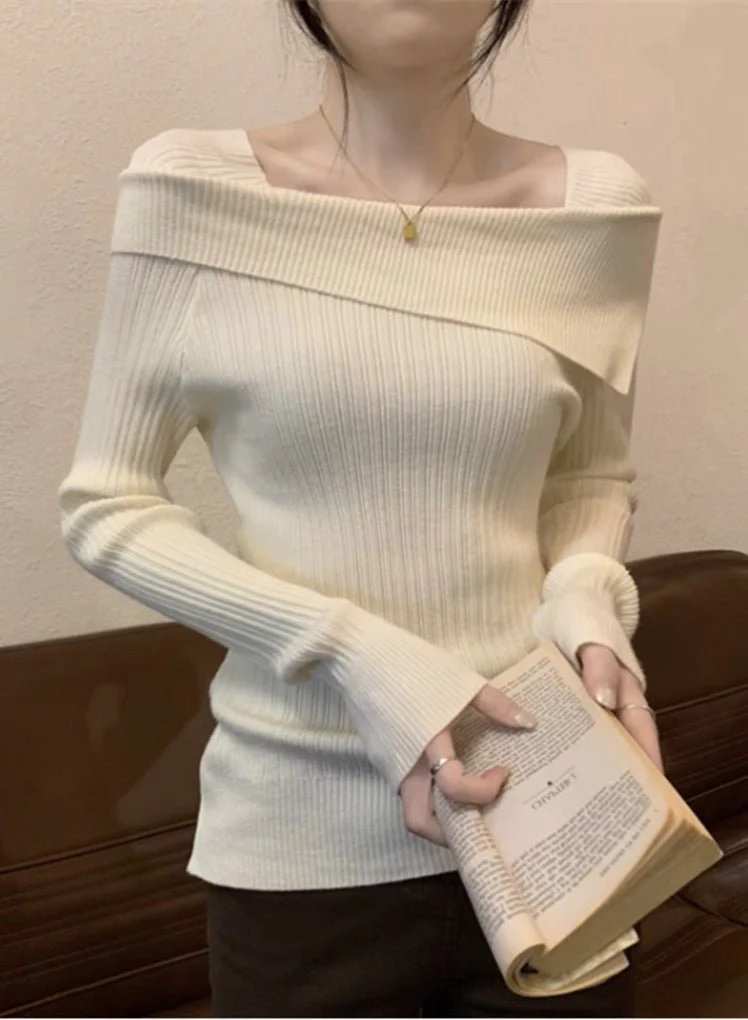 One-shoulder knitted sweater irregular French style shoulder long sleeve top - Image 15