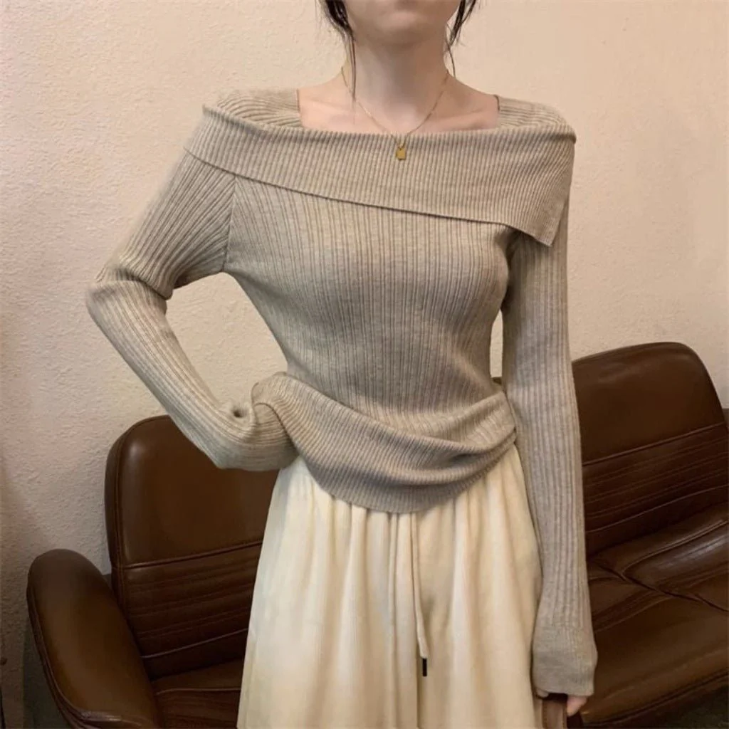 One-shoulder knitted sweater irregular French style shoulder long sleeve top - Image 16
