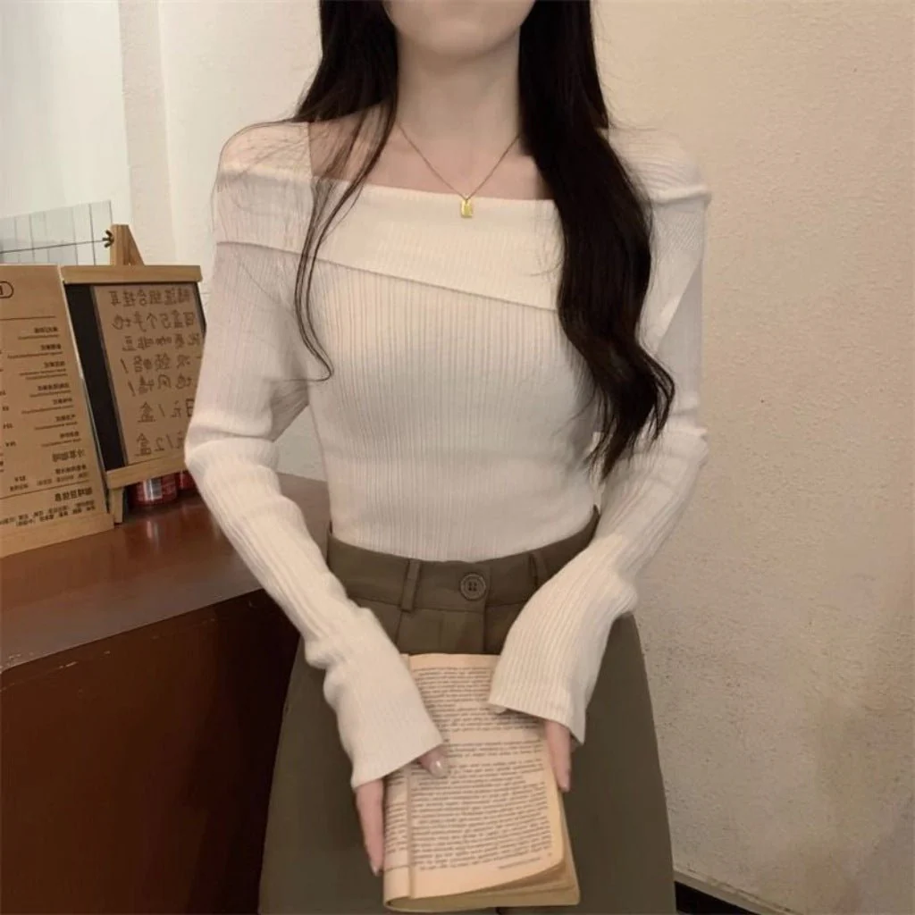 One-shoulder knitted sweater irregular French style shoulder long sleeve top - Image 2