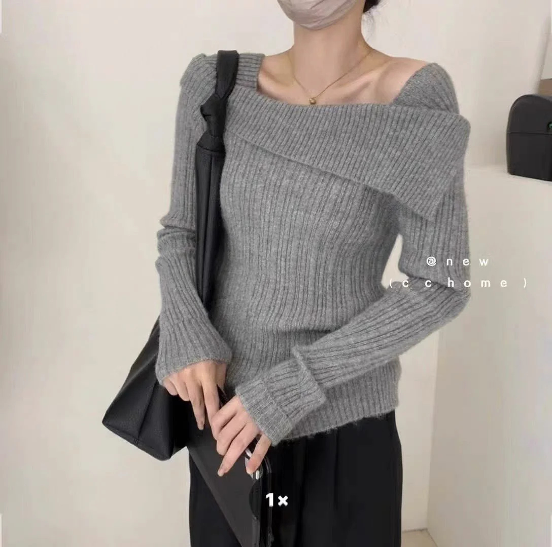 One-shoulder knitted sweater irregular French style shoulder long sleeve top - Image 5