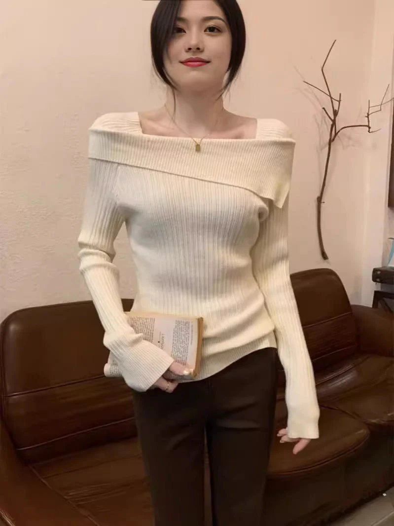 One-shoulder knitted sweater irregular French style shoulder long sleeve top - Image 7
