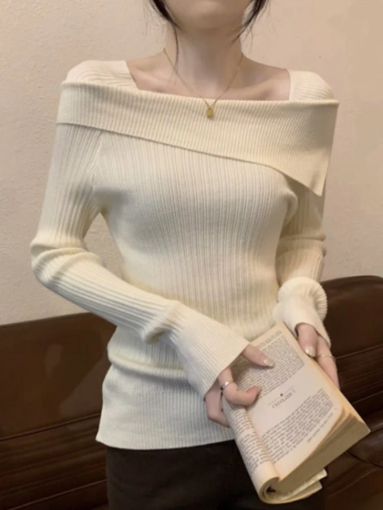 One-shoulder knitted sweater irregular French style shoulder long sleeve top - Image 8