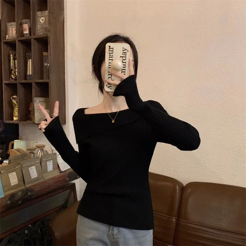 One-shoulder knitted sweater irregular French style shoulder long sleeve top FD - Image 12